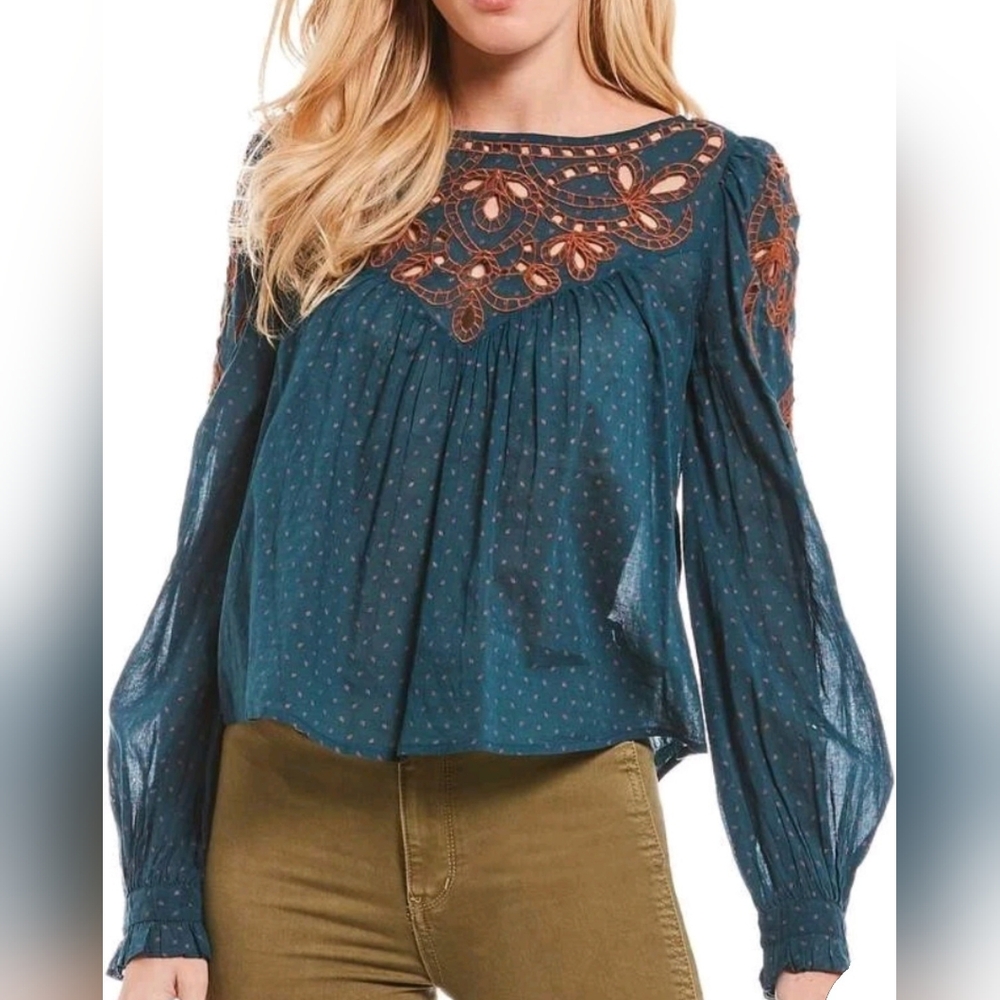 Free People Everything I Know Embroidered Cuteork Teal Peasant Top Women's XS